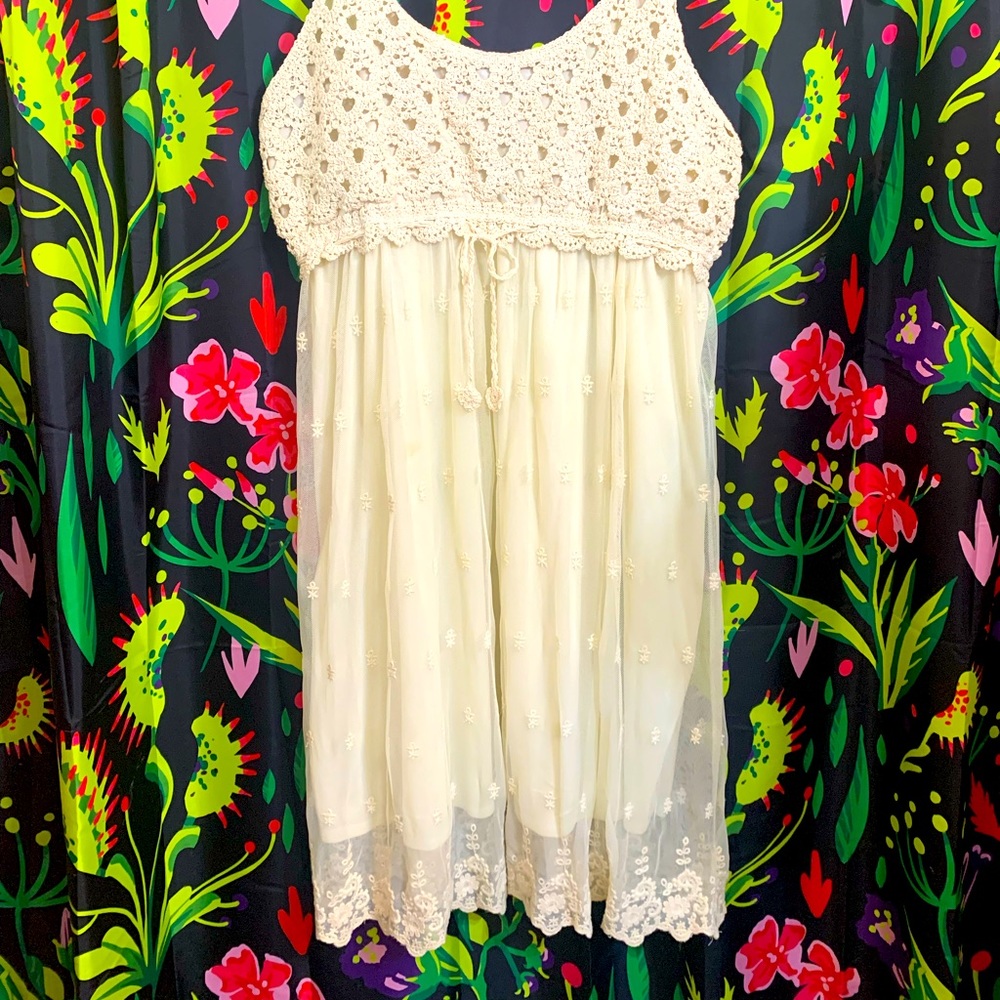 Cream white lace mesh crochet sim dress midi strappy